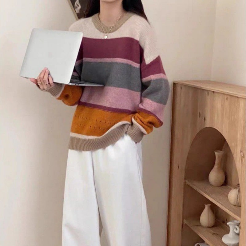 Damen Grob gestrickter Pullover mit lässigen Streifen Amawinc