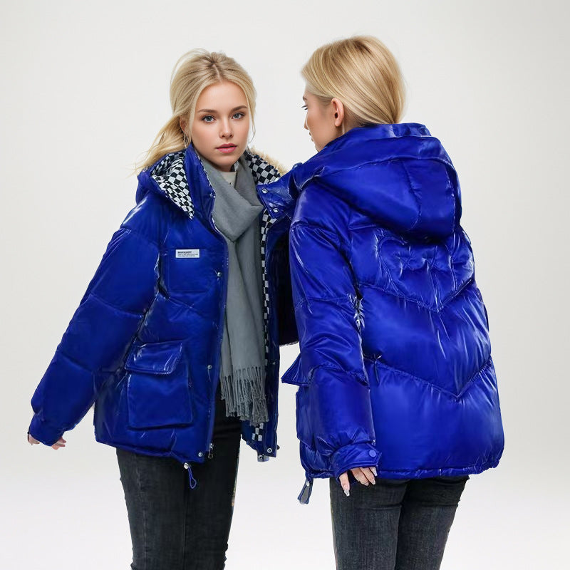 Damen modische glänzende Steppjacke mit hochschließendem Kragen und praktischen Taschen Amawinc