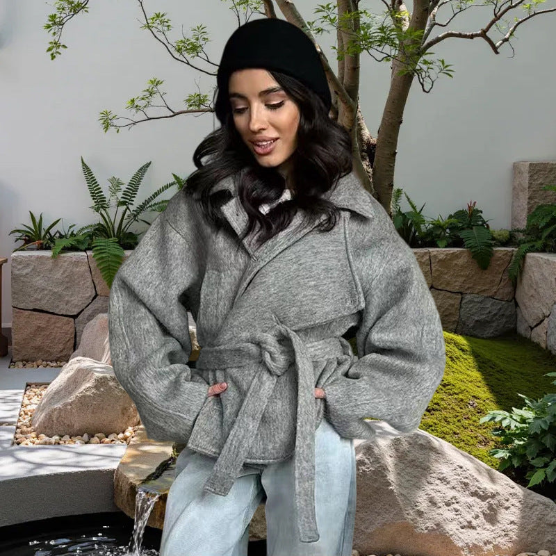 Damen Oversized Wollmantel mit Gürtel Amawinc