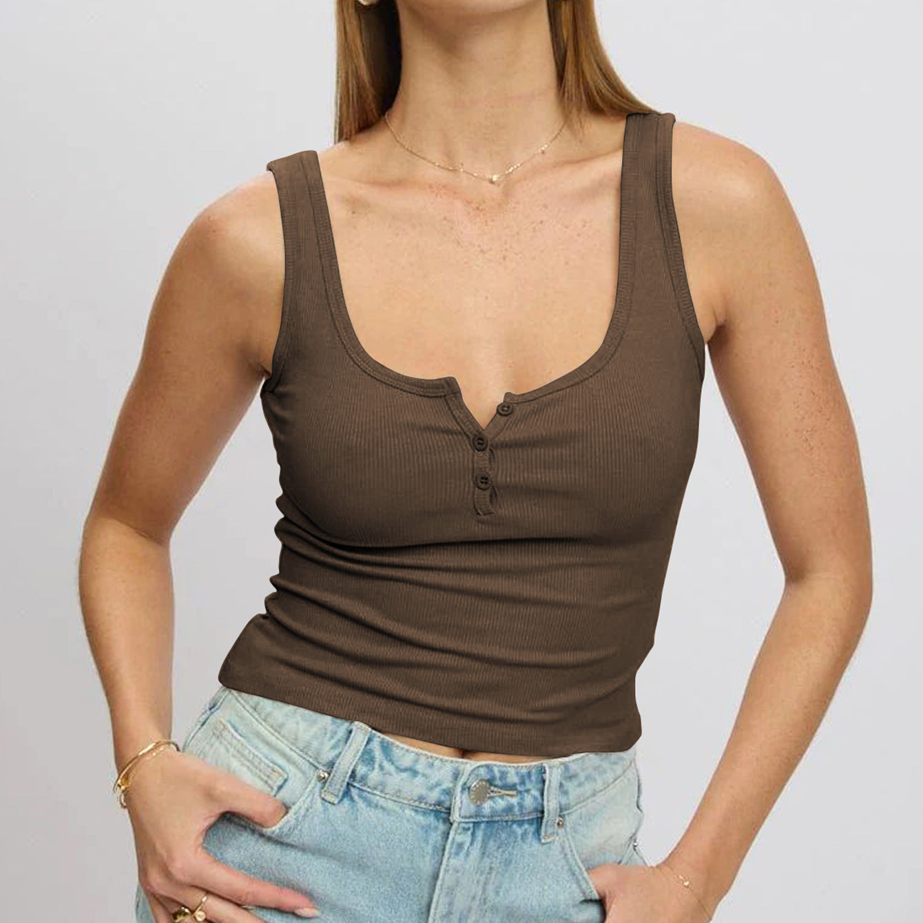 Damen körperbetontes Ripp-Top mit Knopfleiste und weitem Ausschnitt Amawinc