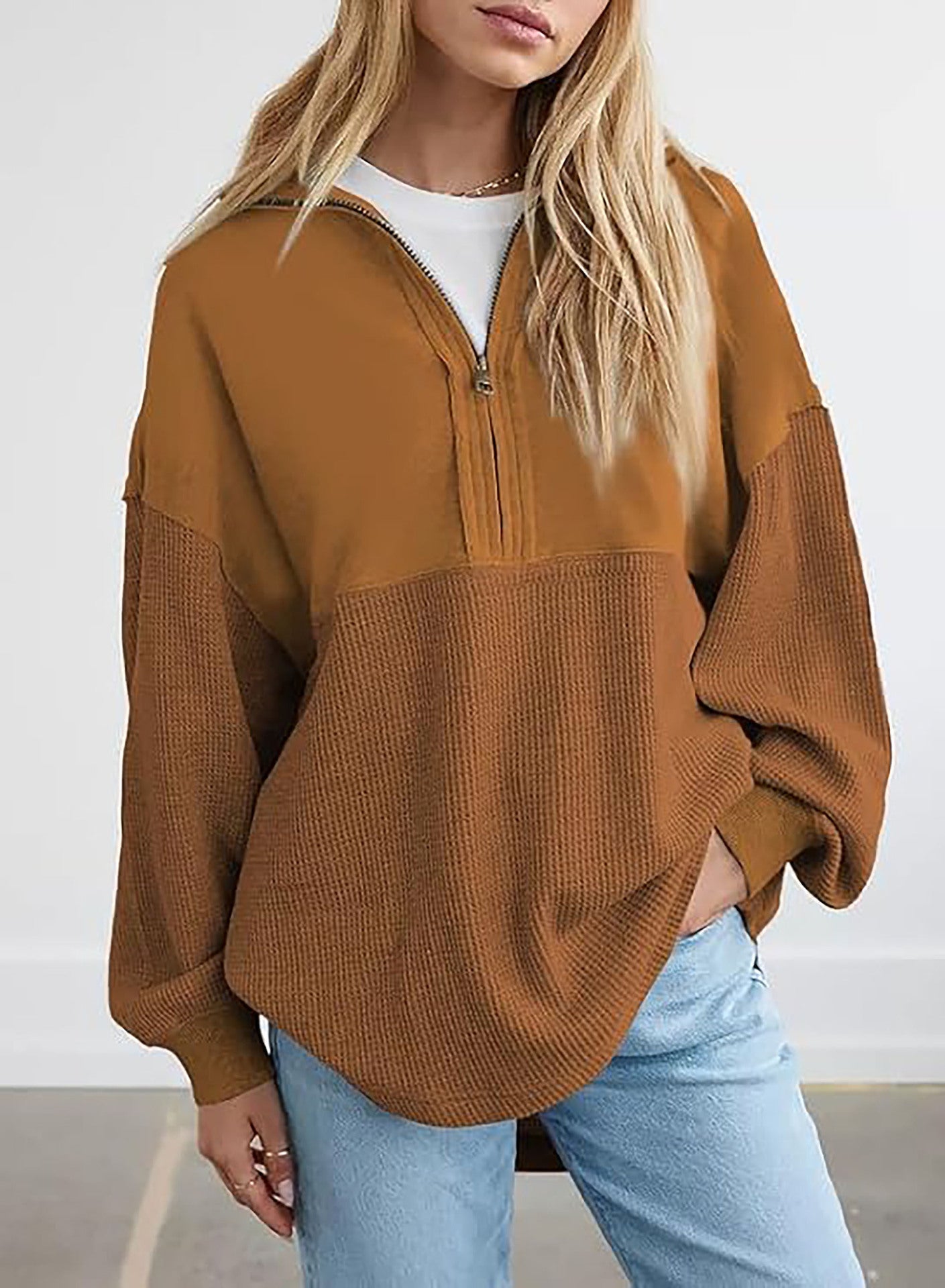 Damen lässiger Kapuzenpullover mit halblangem Reißverschluss und strukturiertem Material Amawinc