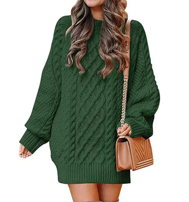Robe Pull Femme En Mélange De Laine Tricot Cable Coupe Oversize Mi Longue Manches Longues