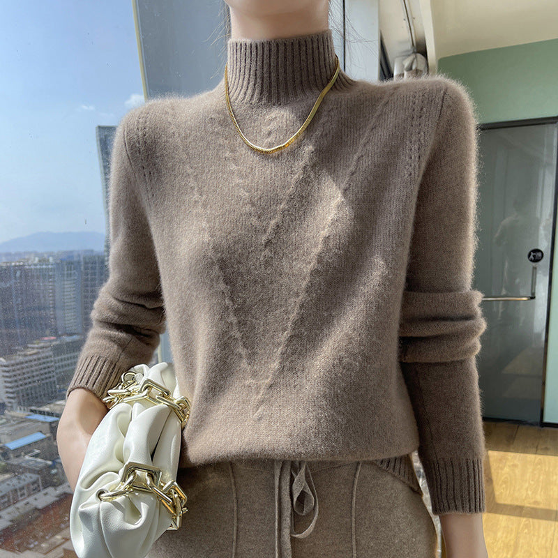 Damen weicher Strickpullover mit hohen Kragen und V-Design Amawinc