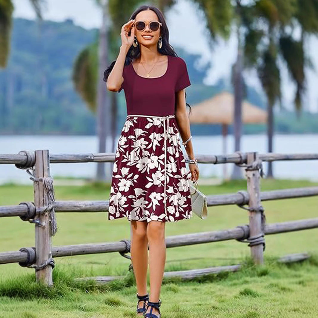 Robe Femme Amawinc Coupe Ajustée Évasée Col Rond Jupe À Motif Genou Manche Courte 100 Pour Cent Coton