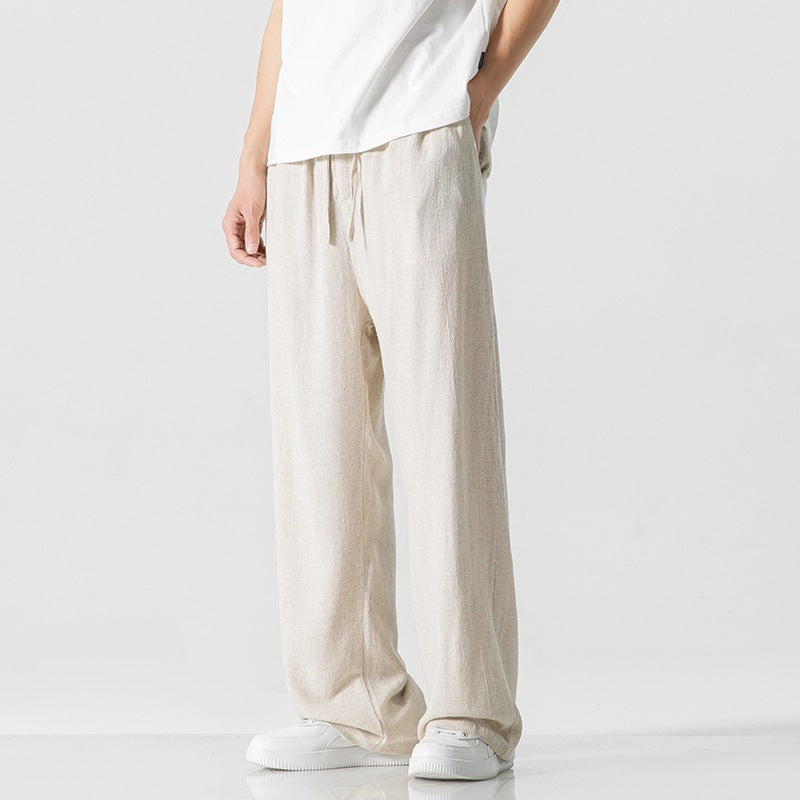 Pantalon Homme Lin Mélangé Avec Ceinture À Cordon Décontracté Coupe Ample Longueur Entière Pour Port Quotidien