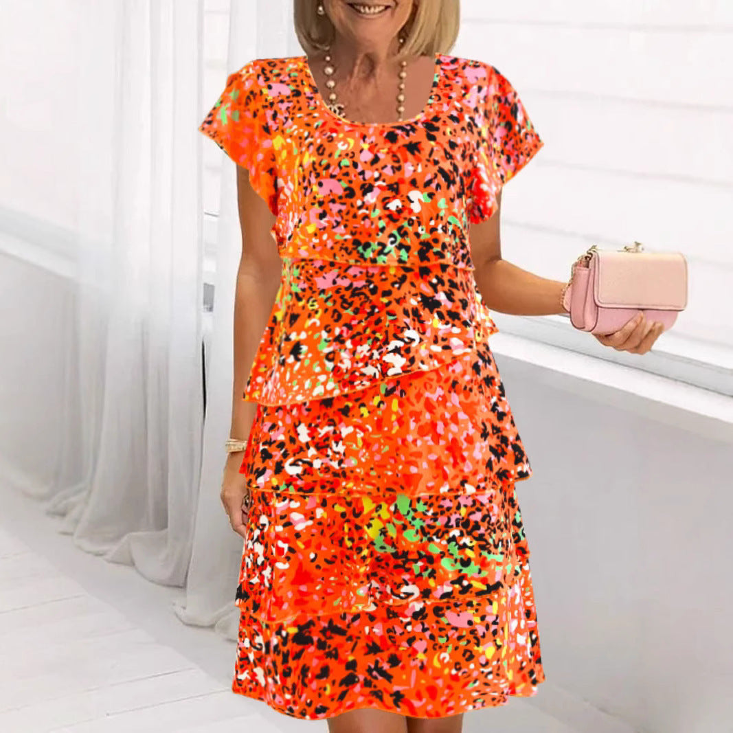 Robe Midi Femme Décontractée Imprimé Floral à Volants en Étages et Manches Évasées
