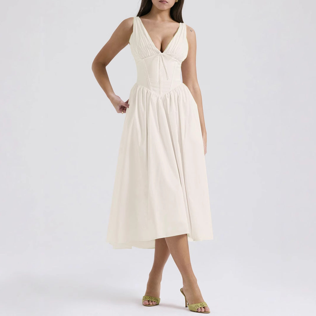 Amawinc Robe Femme Aline Sans Manches Décolleté En V Imprimé Floral Longueur Midi Chic Et Confortable Été