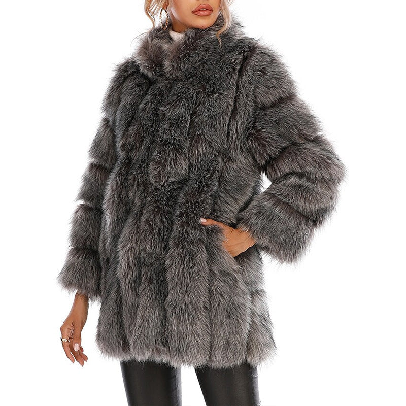 Damen Luxuriöser Kunstpelzmantel mit voluminösen Ärmeln und hohem Kragen Amawinc
