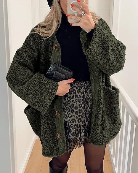 Damen kuschelige Teddyjacke mit farblich abgestimmtem Kragen Amawinc