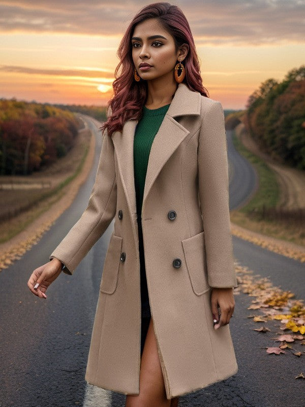 Damen eleganter Wollmantel mit doppelter Knopfleiste und praktischen Taschen Amawinc