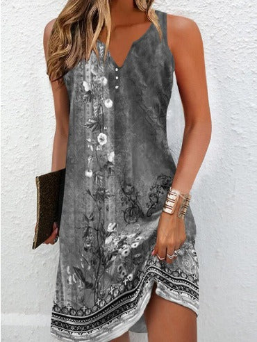 Robe Femme Décolleté en V Sans Manches Motif Floral Ourlet Asymétrique Mélange Coton