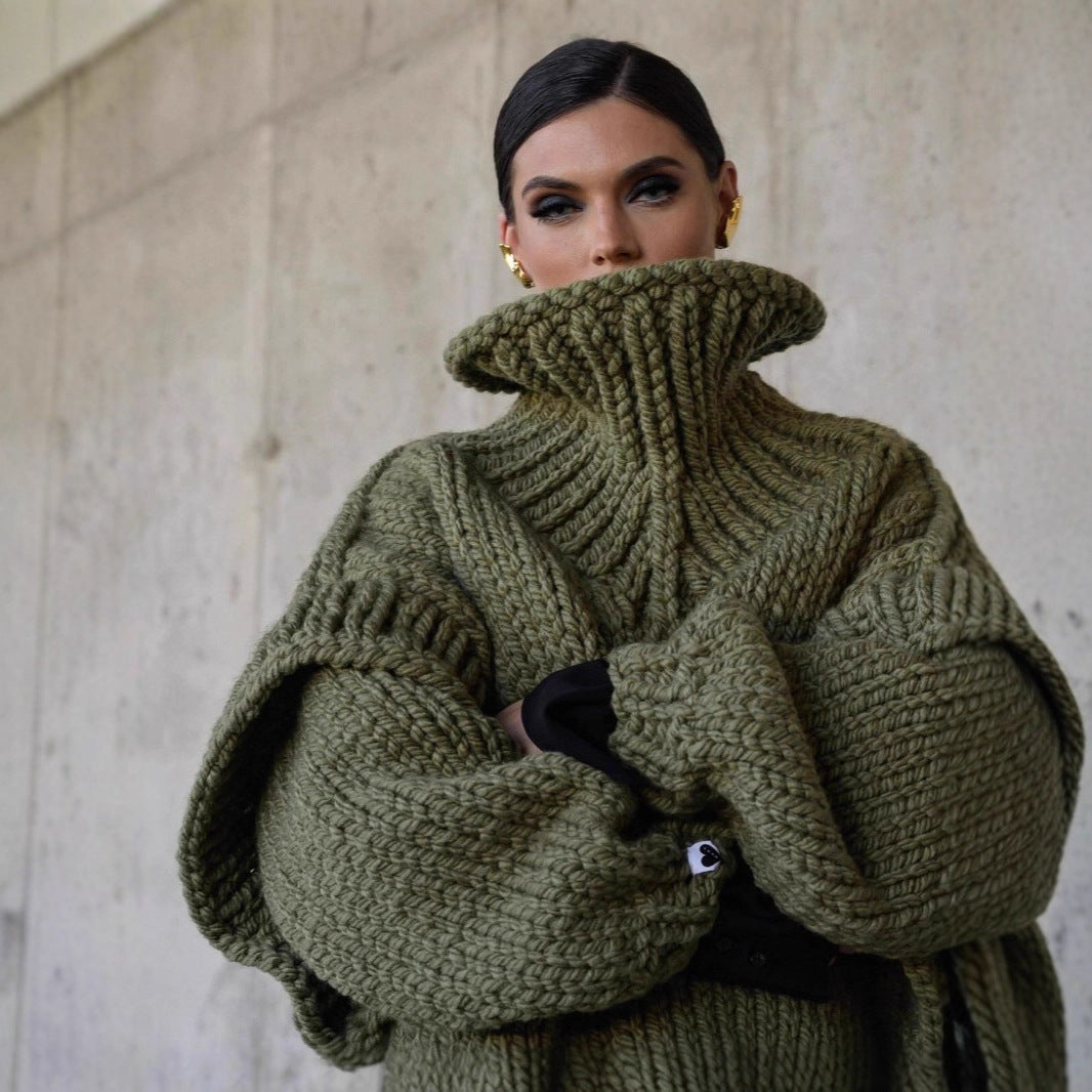 Damen Oversized Strickpullover mit hohem Kragen und voluminösen Ärmeln Amawinc