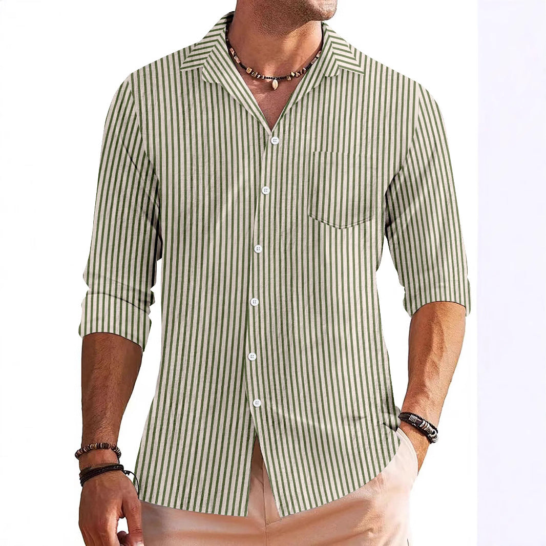 Chemise Homme Manches Longues Coupe Regular Rayures Poche Poitrine en Matière Respirante