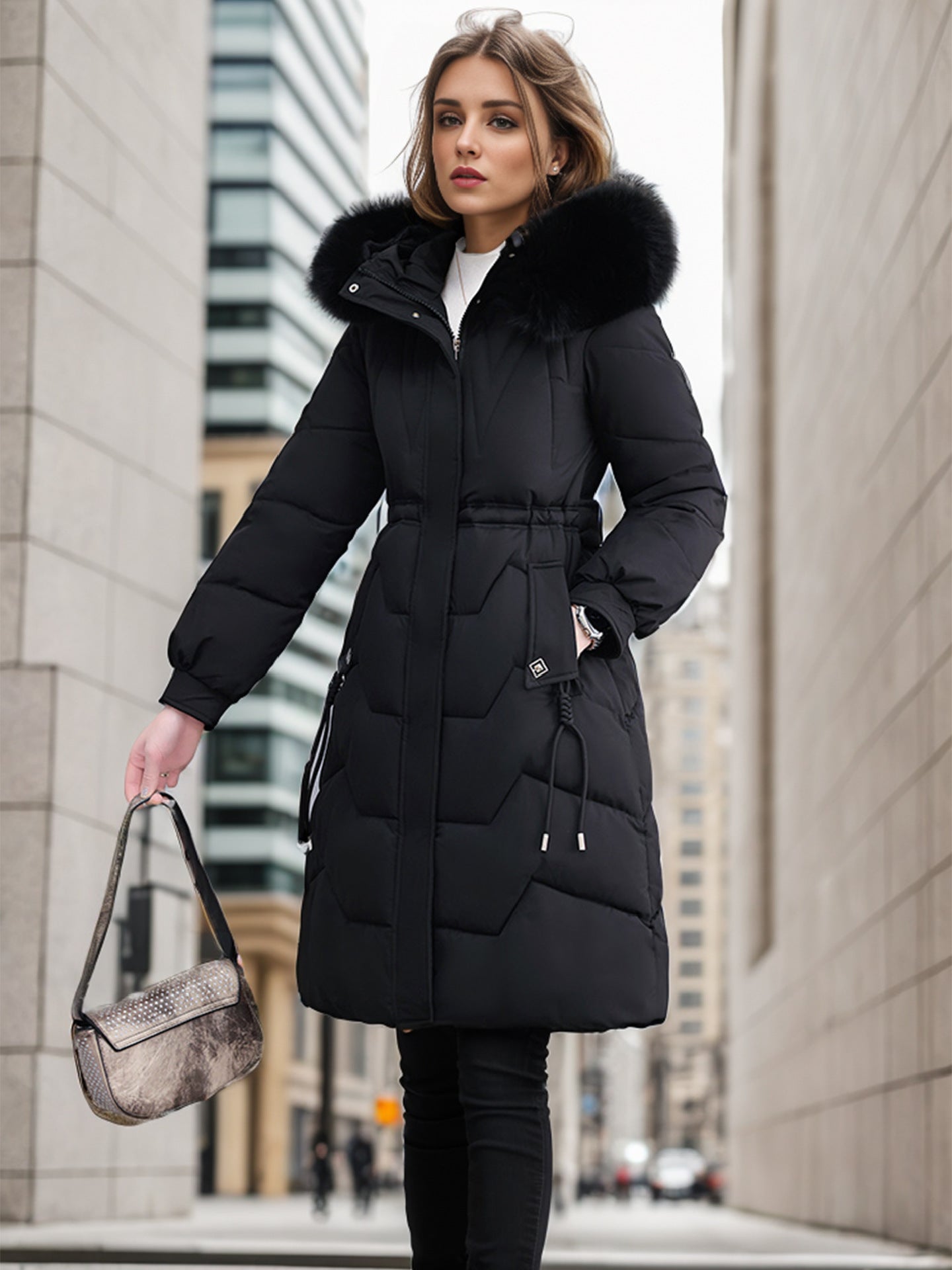 Damen eleganter und isolierter Wintermantel mit abnehmbarem Kunstfellkragen Amawinc