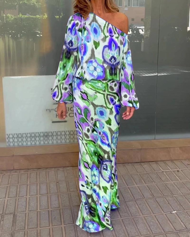 Damen Elegantes Maxikleid im grafischen Batikdesign mit Off-Shoulder-Ausschnitt und voluminösen Ärmeln Amawinc