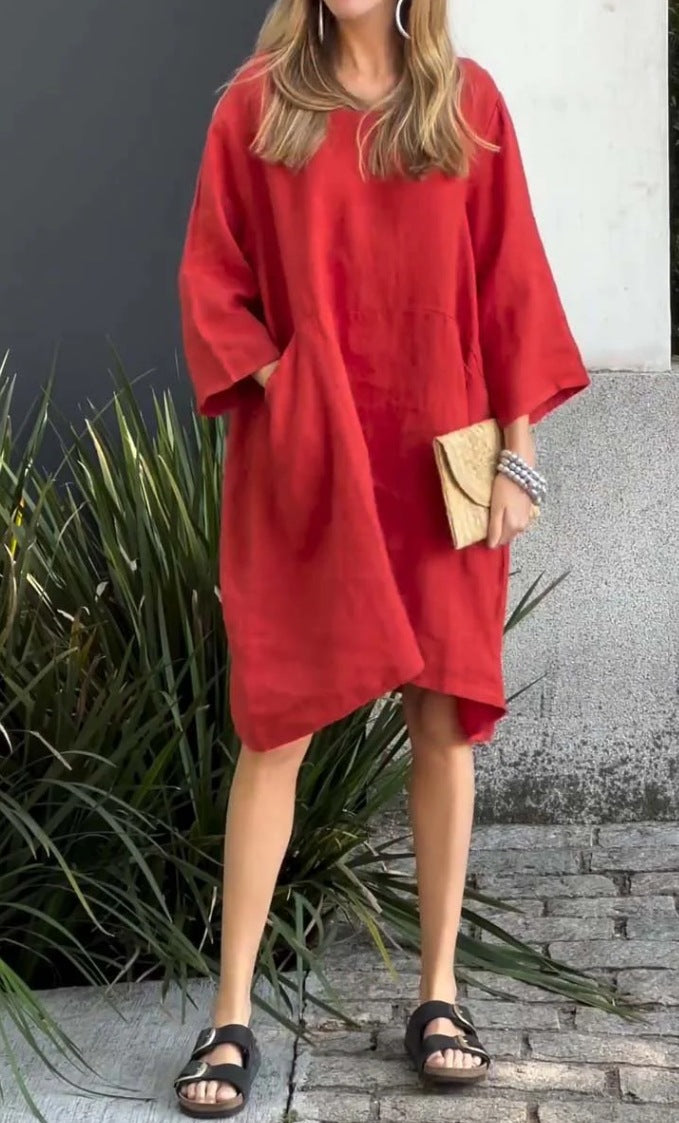Damen lässiges Leinenkleid mit praktischen Taschen und asymmetrischem Saum Amawinc