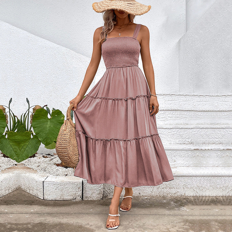 Robe Femme Sans Manches Amawinc Avec Corsage Smocké Coupe A Line Midi En Mélange Coton