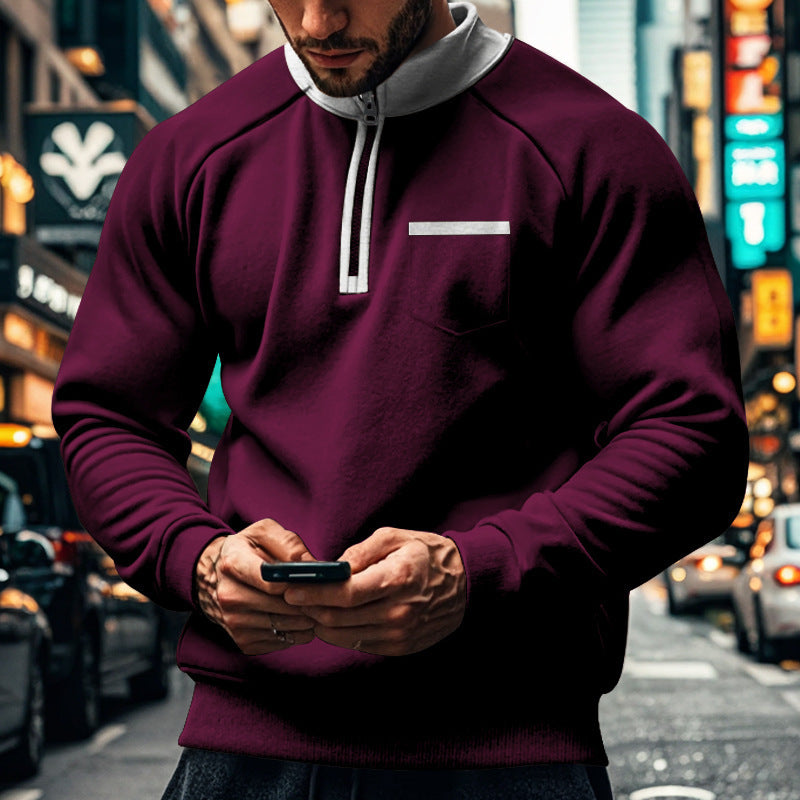 Sweat Zippé Pour Homme Col Montant Poche Poitrine Coton Mélangé Coupe Régulière Confortable