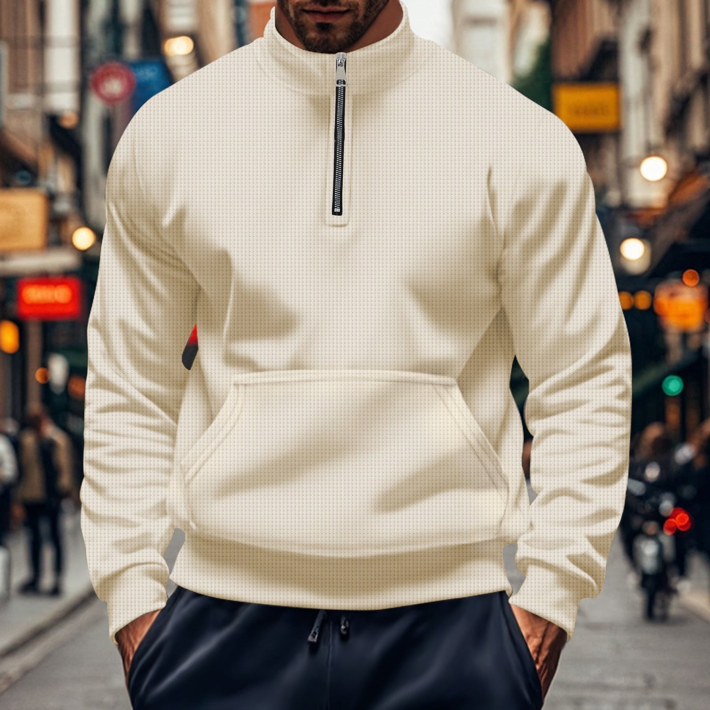 Amawinc Sweatshirt Homme Coupe Décontractée Demi Zip Poche Kangourou Tricot Coton Bord Côtelé Pour Tous Les Jours