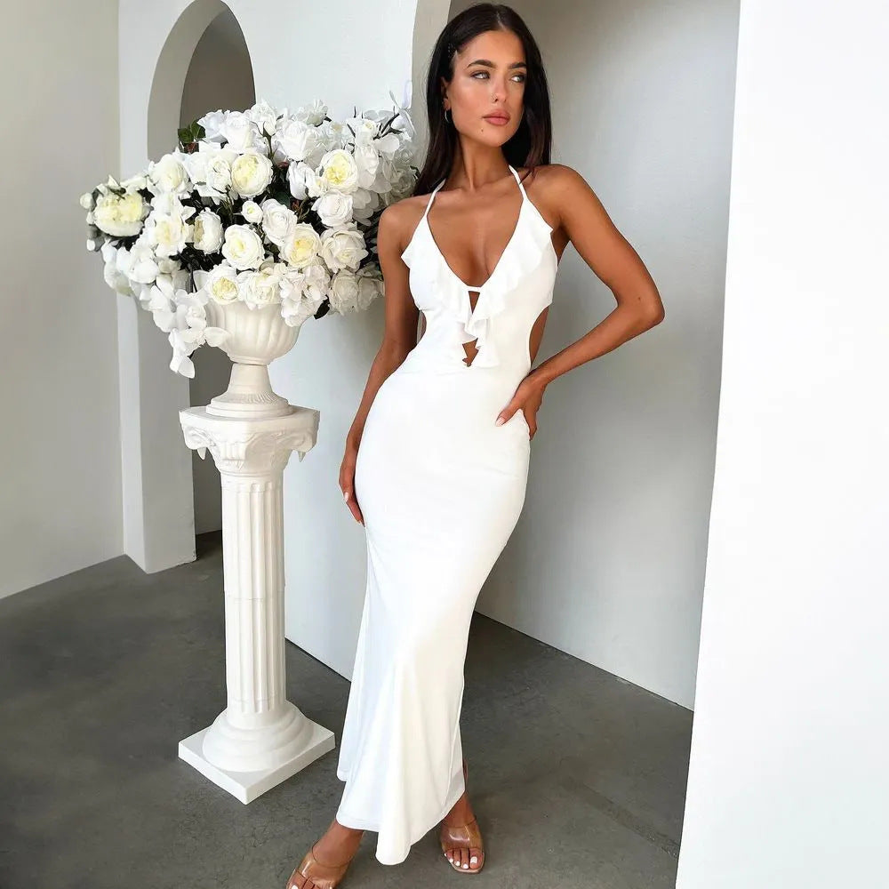 Robe Maxi Femme Encolure Froncée Bretelles Réglables Avec Fente Avant Coupe Slim Fit