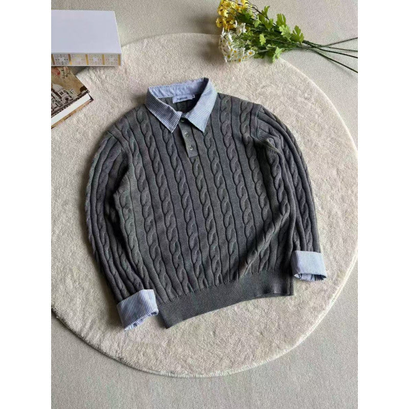 Damen Strickpullover mit dekorativem Zopfmuster und engem Kragen Amawinc