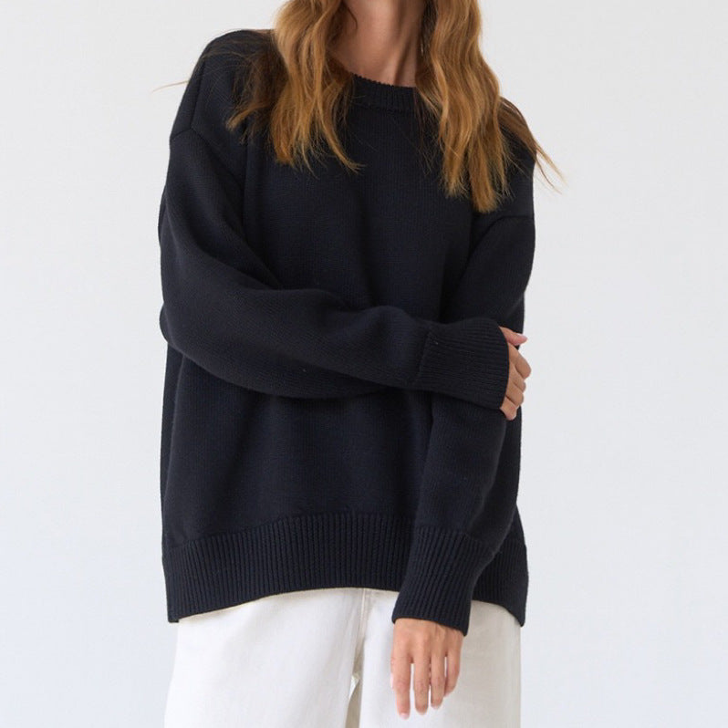 Damen Oversized Pullover mit feinem Strickmuster und breiten Bündchen Amawinc