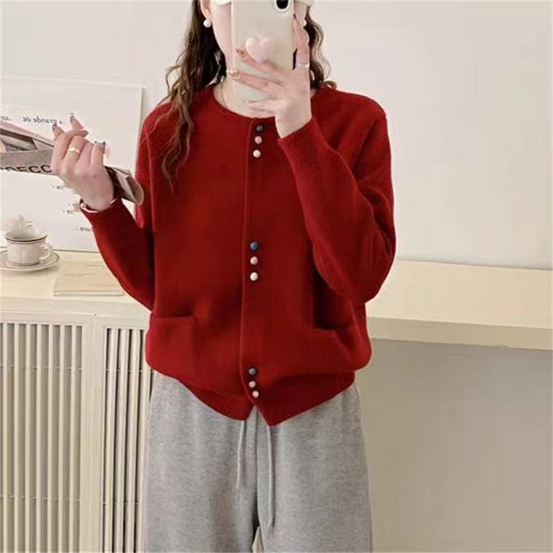 Damen gemütliche Strickjacke mit bunten Knöpfen und praktischen Taschen Amawinc