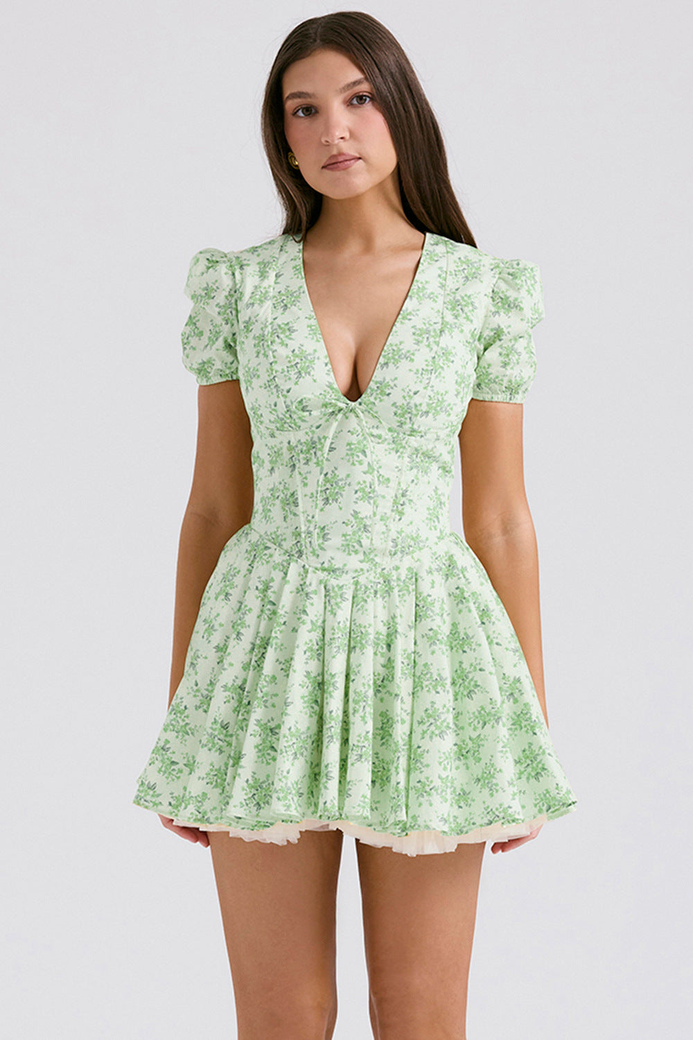 Robe Femme Mini Coupe Ajustée A Ligne Encolure En V Manches Bouffantes Imprimé Fleuri