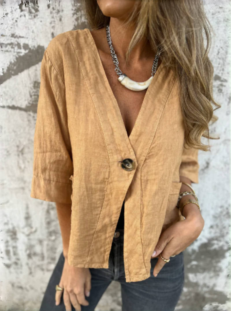 Damen Leichtes Leinenblazer mit kurzer Arm Amawinc