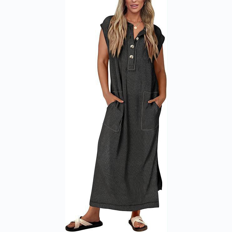 Robe Maxi Femme Coupe Décontractée Tissu Coton Lin Poches Latérales Manches Courtes