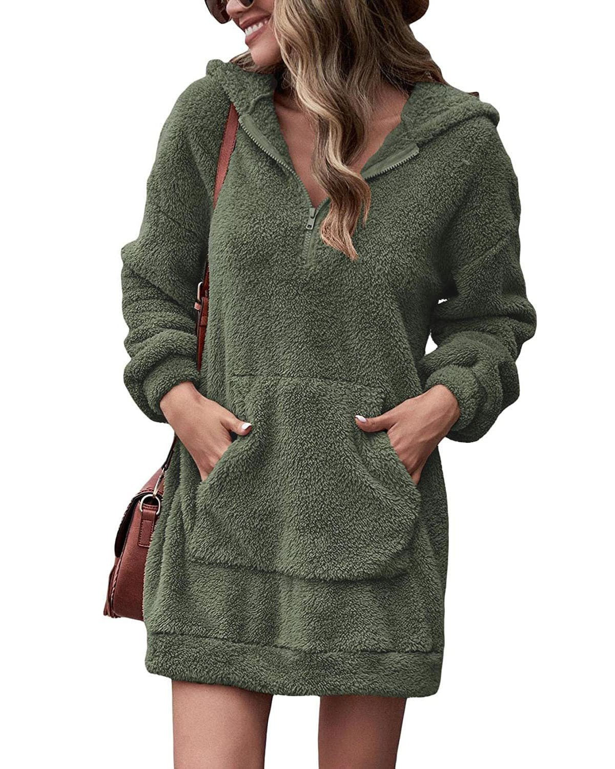 Damen Kuscheliger Hoodie-Kleid mit praktischen Taschen und halben Reißverschluss Amawinc
