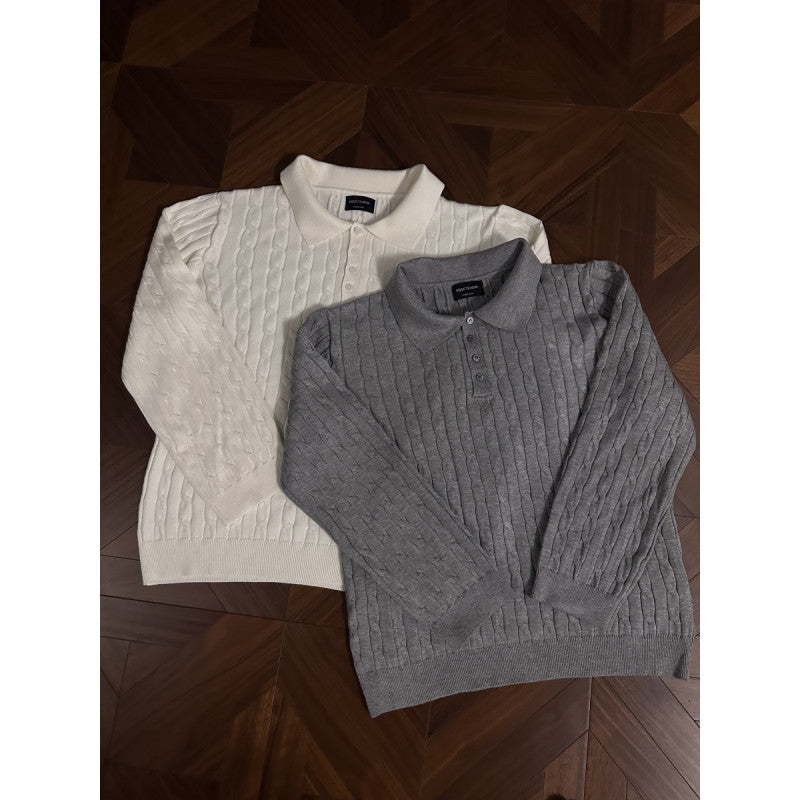 Damen Strickpullover mit klassischem Kragen und feiner Zopfmusterstruktur Amawinc