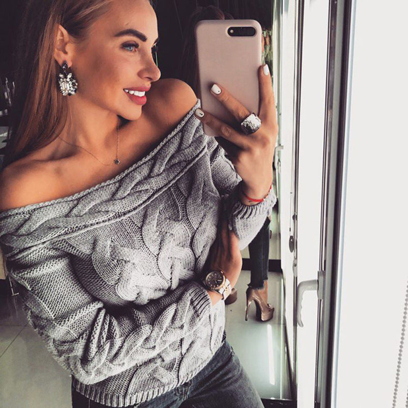 Damen Strickpullover mit modernem Kabelmuster und schulterfreier Silhouette Amawinc