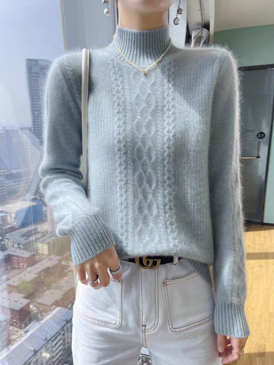 Damen Strickpullover mit elegantem Zopfmuster und hoch geschlossenem Kragen Amawinc