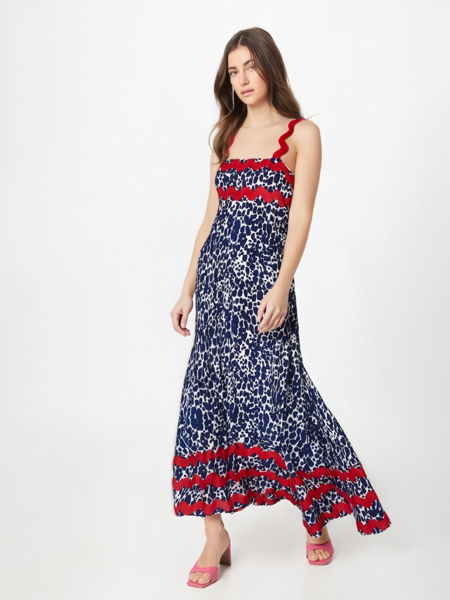 Robe Maxi Femme Léger Imprimé Floral Élégant Bretelles Ondulées Bord Délicat Pour Été Et Célébrations Amawinc