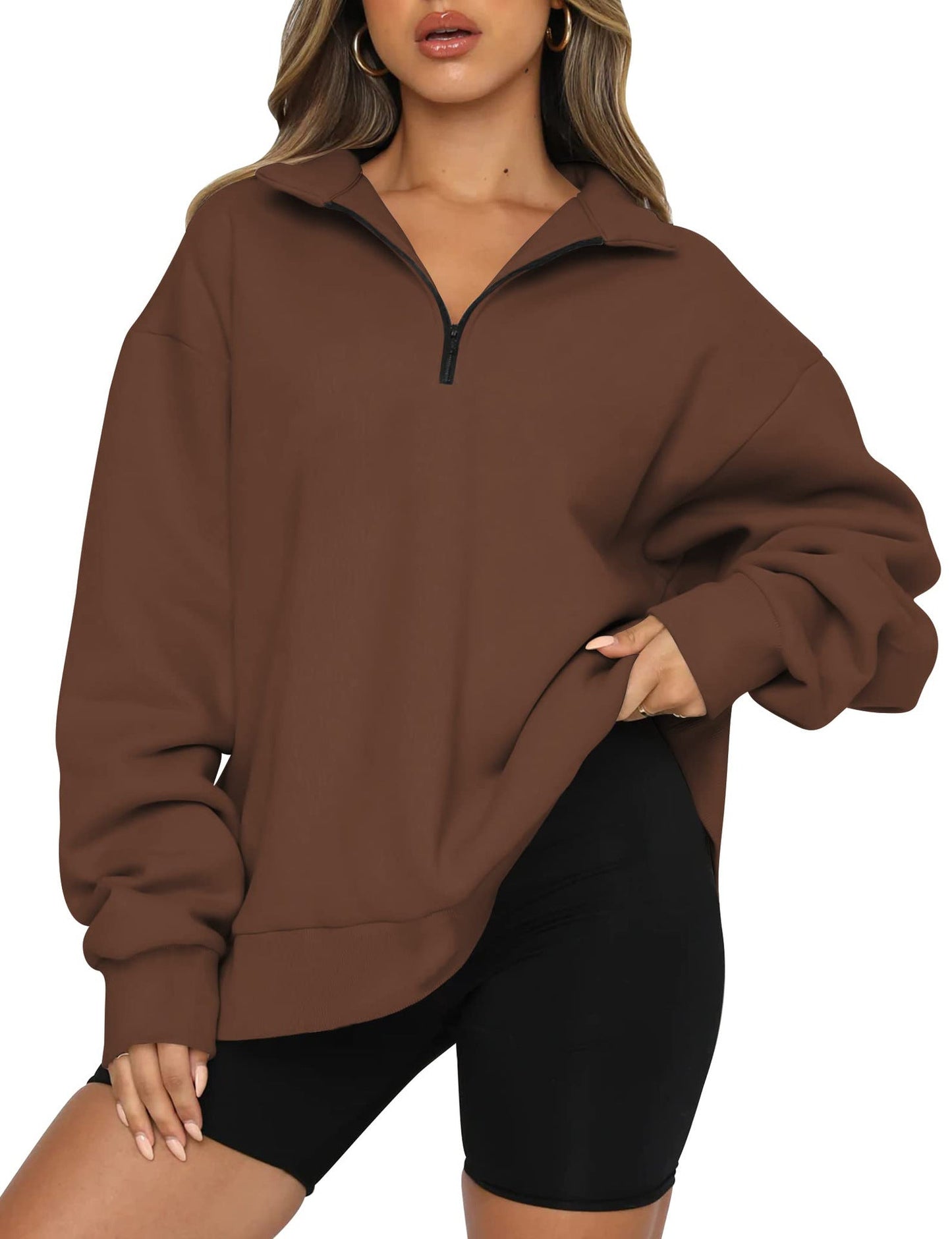 Damen Oversized Sweatshirt mit kurzem Reißverschluss und lässigem Schnitt Amawinc