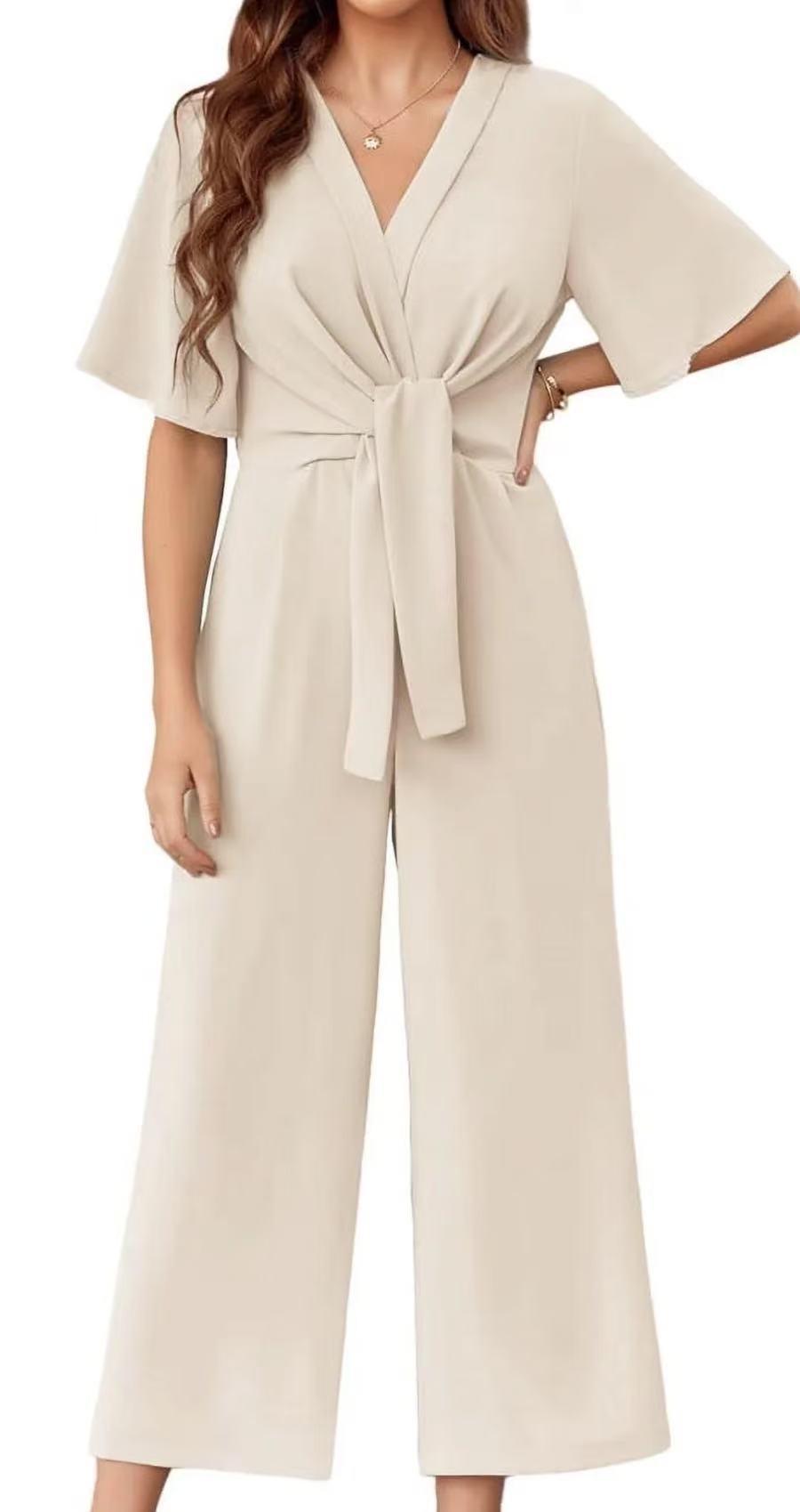Damen eleganter Wickel-Jumpsuit mit weiten Beinen und Taillengürtel Amawinc