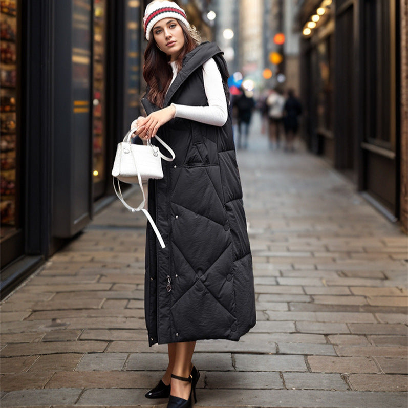 Damen gesteppte lange Weste mit isolierender Kapuze und praktischen Taschen Amawinc