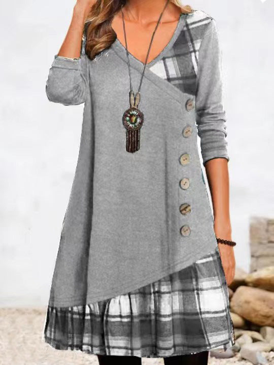 Damen-Langarm-Karierkleid mit Knopfleiste