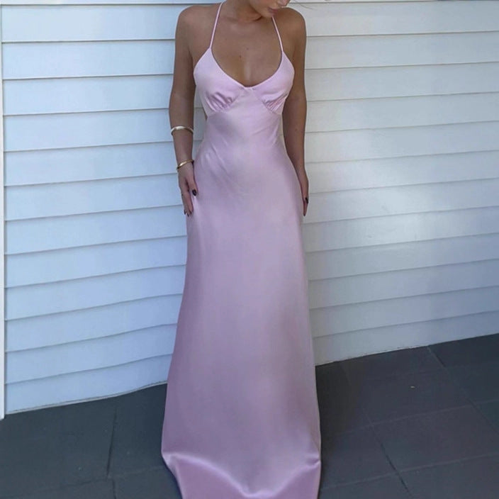 Damen Elegantes Maxikleid mit tiefem V-Ausschnitt und verstellbaren Spaghettiträgern Amawinc