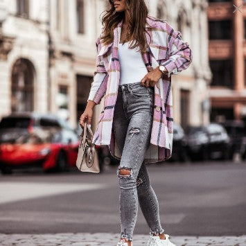 Damen Karierte Overshirt-Jacke mit praktischen Brusttaschen Amawinc