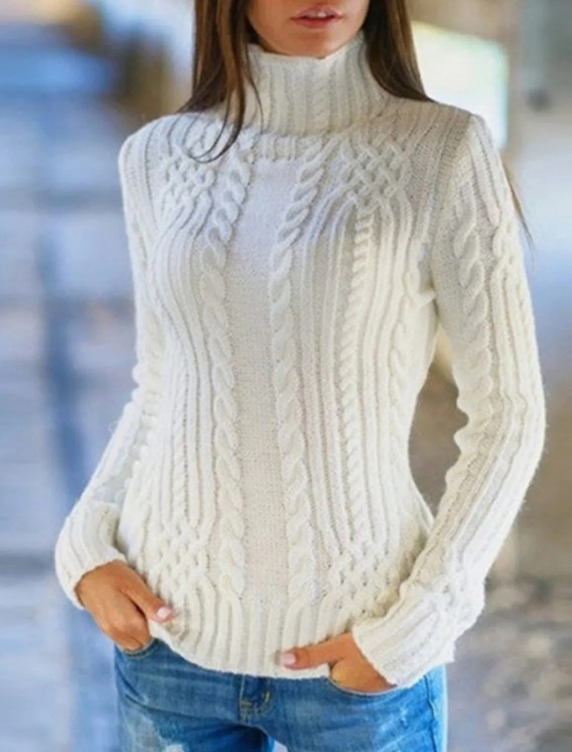 Damen Rolkragenpullover mit Zopfmuster und bequemer Passform Amawinc