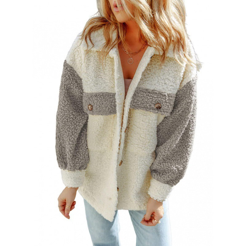 Damen kuschelige Teddyjacke mit praktischen Brusttaschen Amawinc