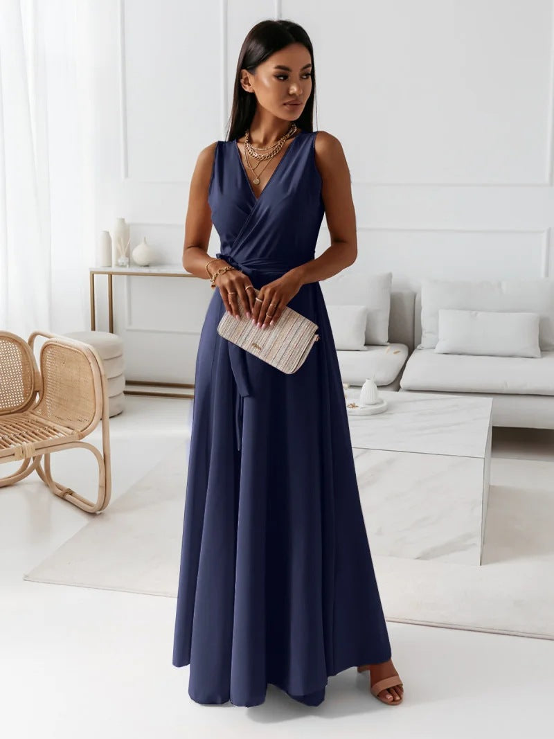 Robe Maxi Sans Manches Col En V Profond Avec Ceinture Wrap Élégante Et Fluide Pour Mariages Et Fêtes