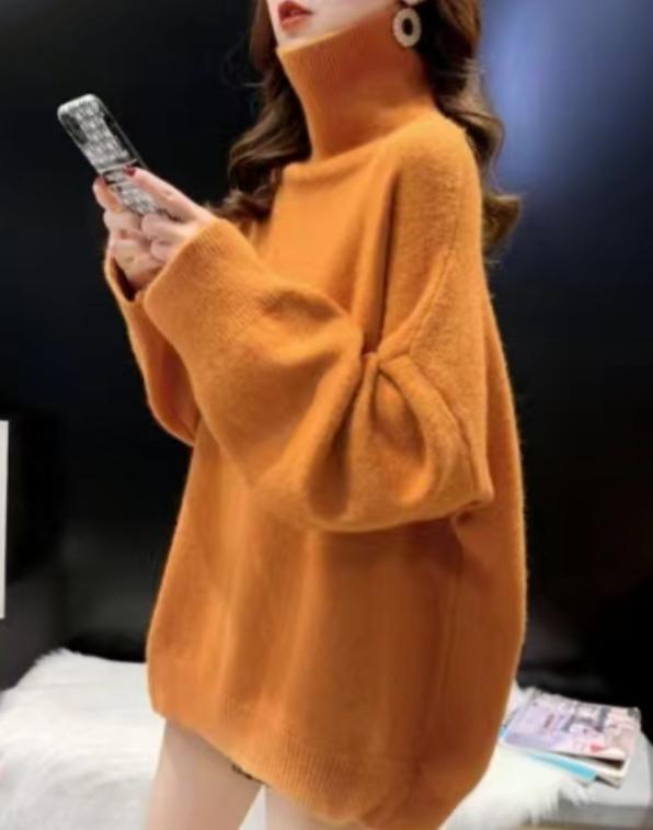 Damen Oversized Pullover mit hohem Kragen und Puffärmeln Amawinc