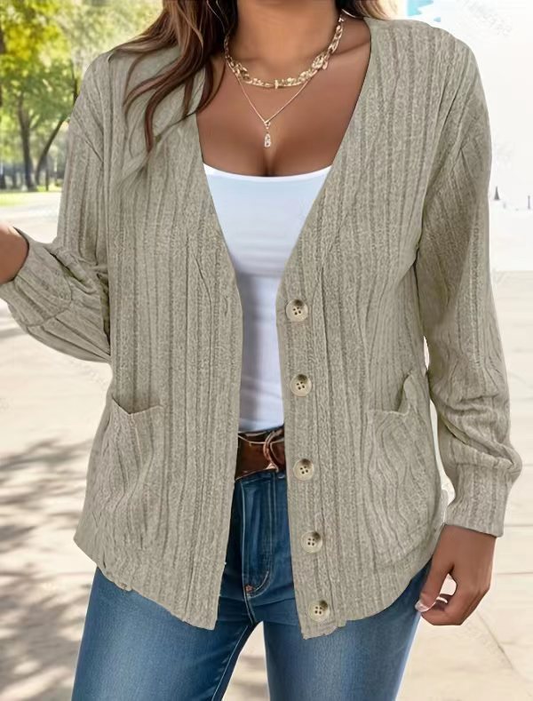 Cardigan Femme Décontracté En Maille Côtelée Avec Boutons Devant Et Poches Longueur À La Hanche