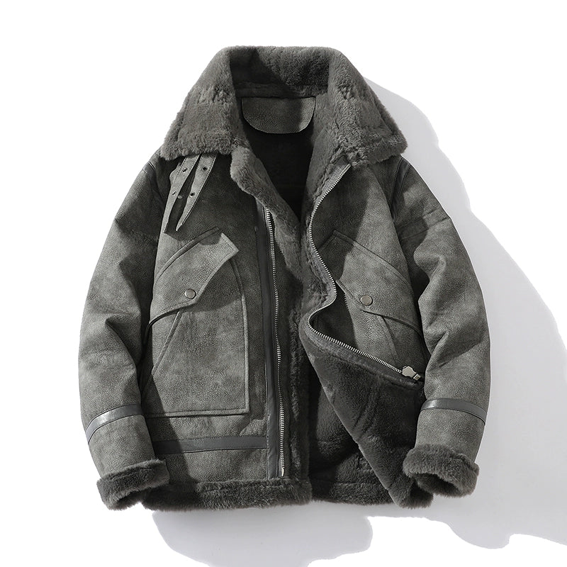 Veste Moto en Daim Avec Doublure en Faux Shearling et Ferrures Métalliques Robustes pour Saison Fraîche