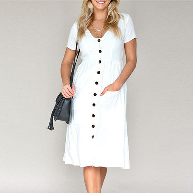 Robe A Line Femme Décolleté En V Boutons Devant Manches Courtes Coton Mélangé Midi Poches Pratiques