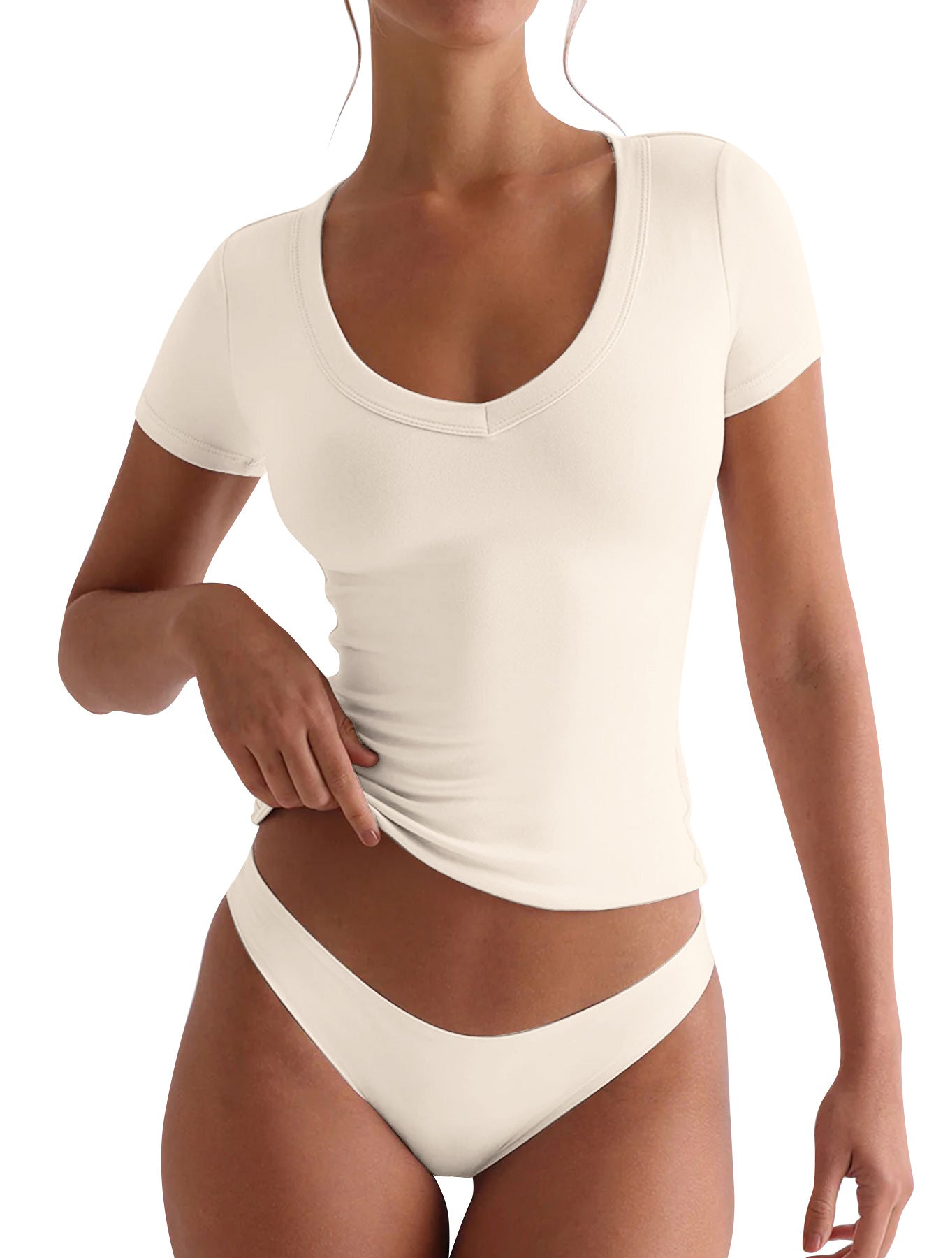 Damen figurbetontes V-Neck T-Shirt mit kurzen Ärmeln Amawinc