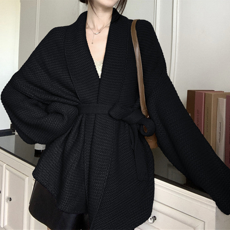 Damen lässiger Strick-Sakko mit Gürtel und Volumenärmeln Amawinc